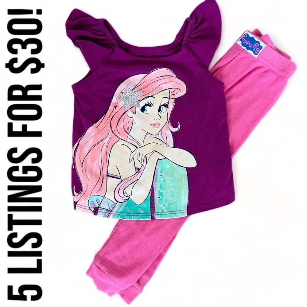 Disney Little Mermaid Ariel Shirt & Peppa Pig Pants 2T Girls